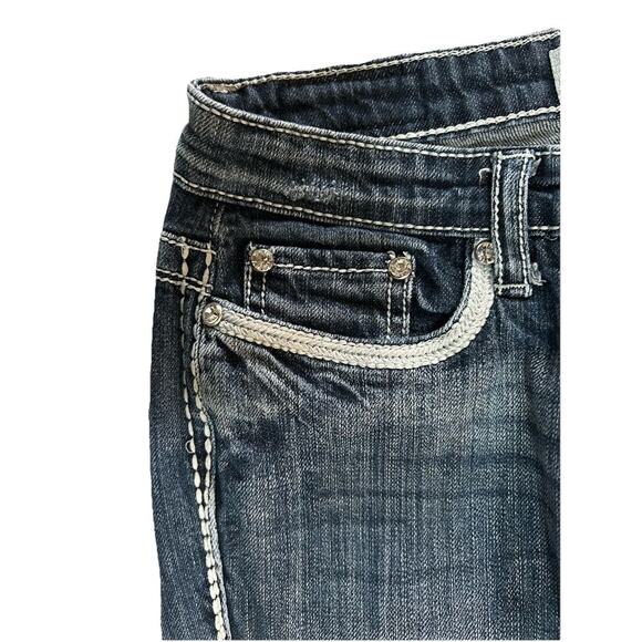 Womens Y2K Daytrip Denim Jeans Embroidered Pockets Gemstones Leo Bootcut 27x31 - Picture 3 of 9